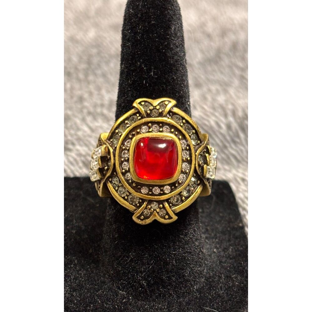 VTG Heidi Daus Art Deco Red Crystal Gold-Tone Statement Ring Sz 6